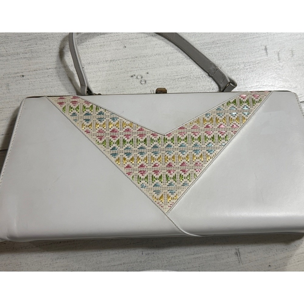Vintage 1960s Pretty Handbag White Needlepoint Tapestry Purse Gold Frame MCM